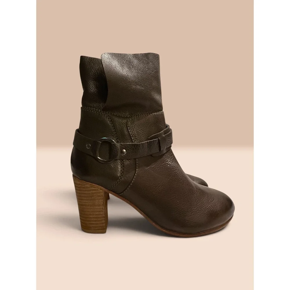 Oobash Women Olive Green Leather Harness Ankle Boots Handcrafted Block Heel 9